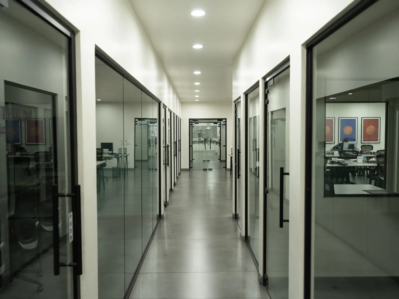 Office corridor with glass-walled cabins — LICO